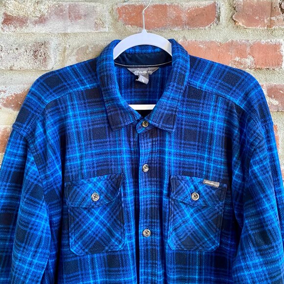 Eddie Bauer Mens Fleece Button Up Shirt, Long Sleeve, Blue/Black Plaid, Size 2XL - Picture 2 of 12